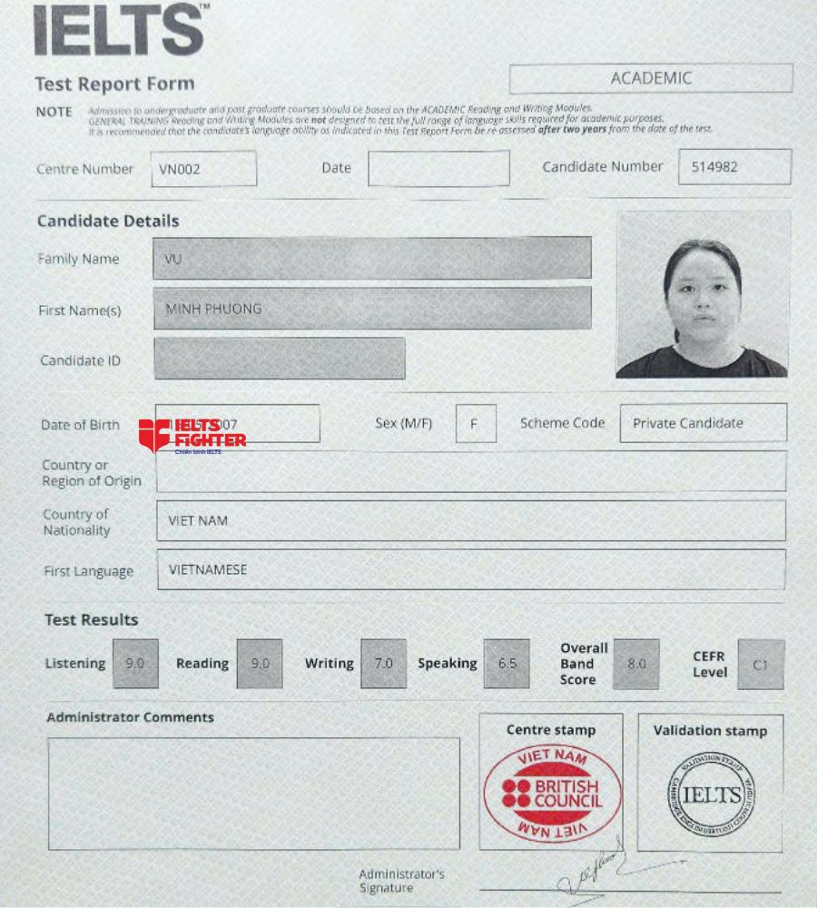 Chứng chỉ Vũ Minh Phương 8.0 IELTS