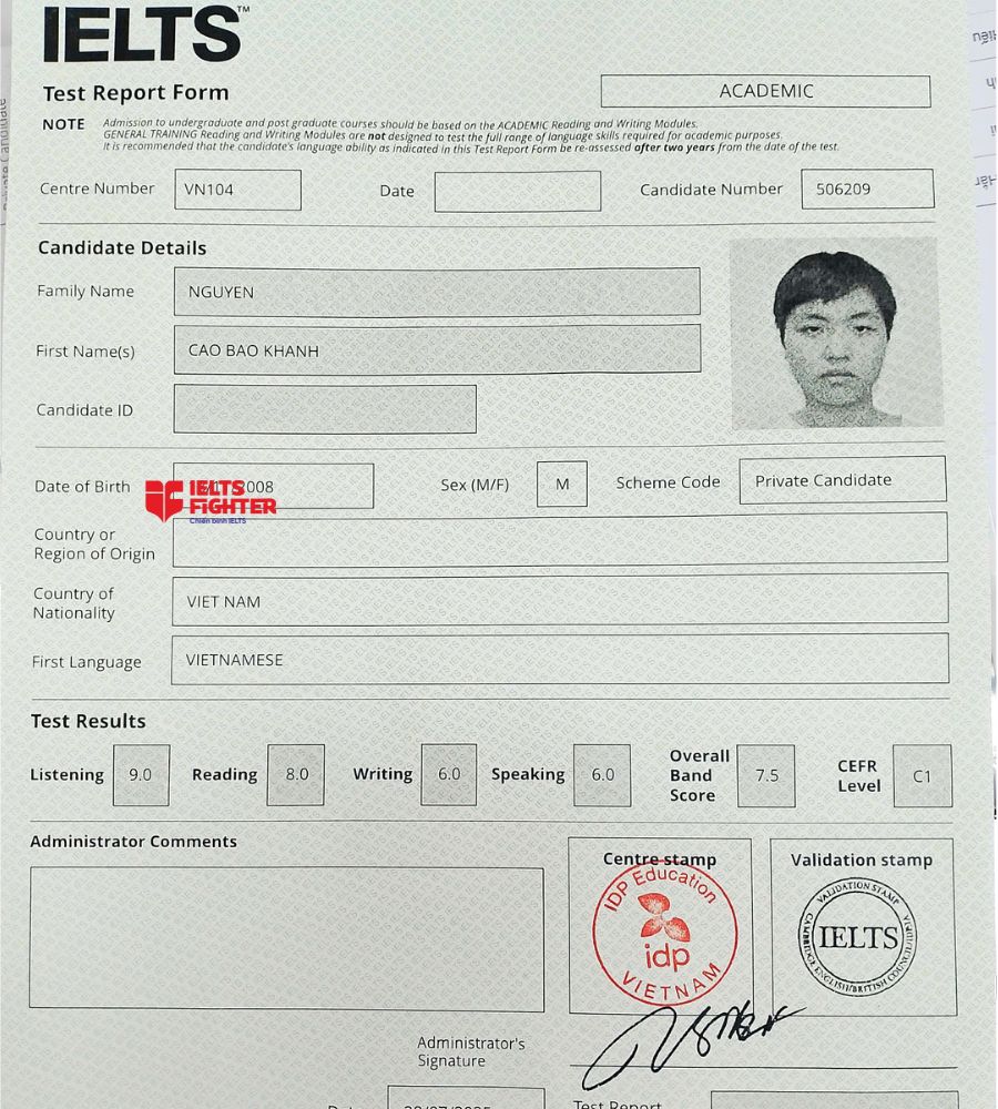 Chứng chỉ Nguyễn Cao Bảo Kh&aacute;nh 7.5 IELTS