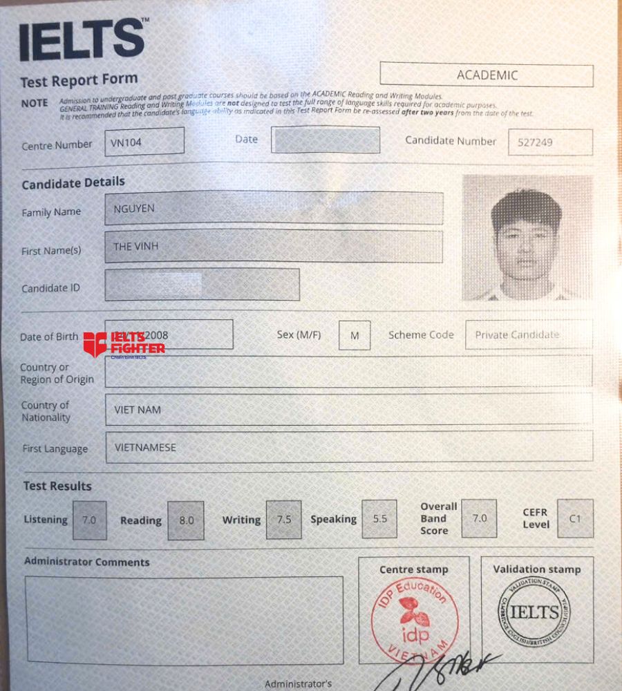 Chứng chỉ Nguyễn Thế Vinh 7.0 IELTS
