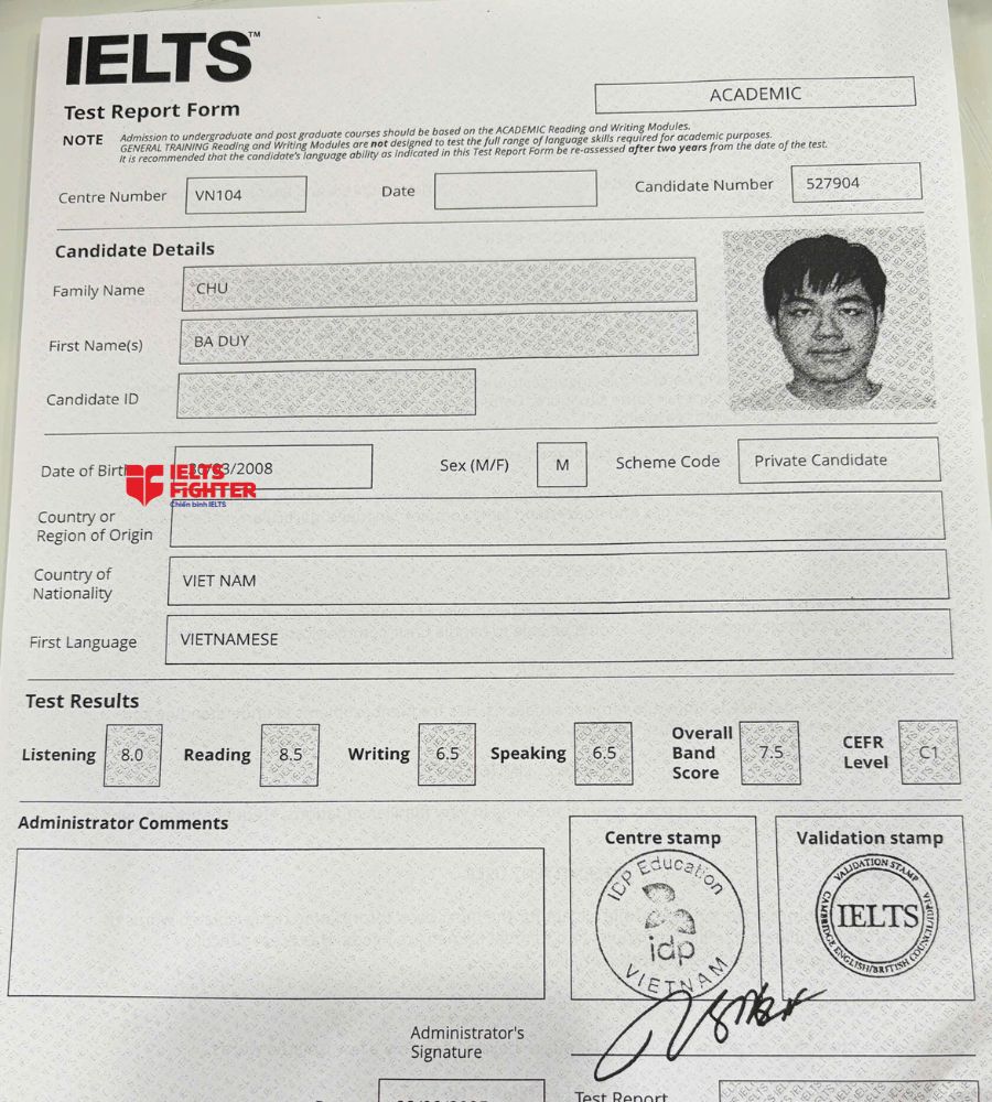 chứng chỉ Chu B&aacute; Duy 7.5 IELTS