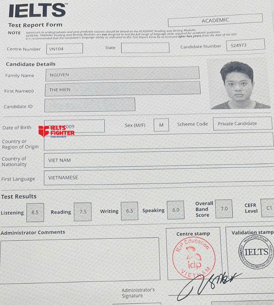 Chứng chỉ Nguyễn Thế Hiển 7.0 IELTS
