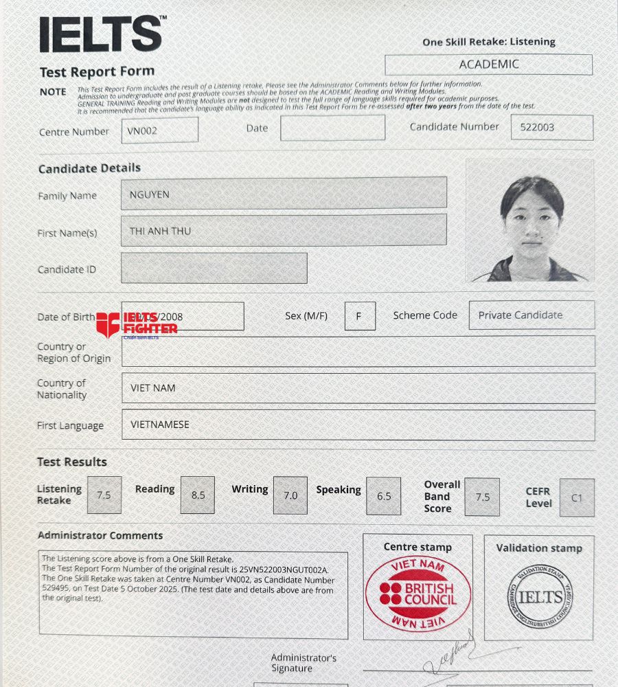 chứng chỉ Nguyễn Thị Anh Thư 7.5 IELTS