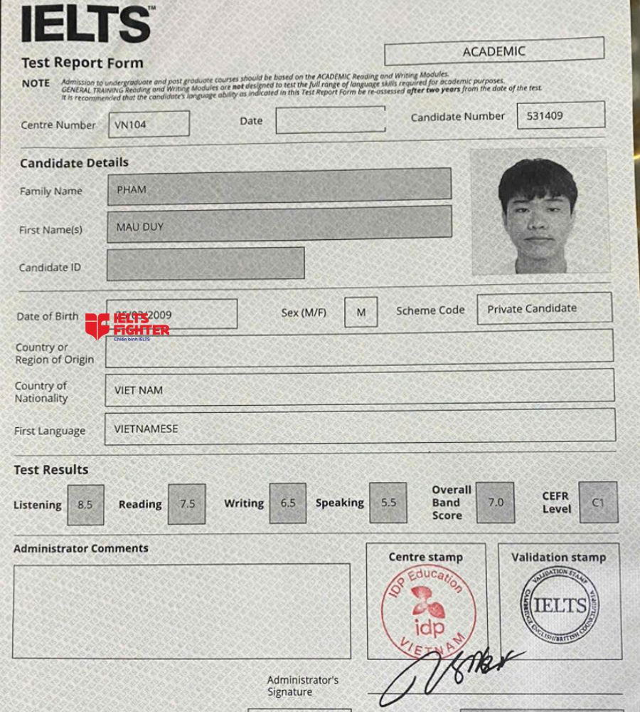 Chứng chỉ Phạm Mậu Duy 7.0 IELTS
