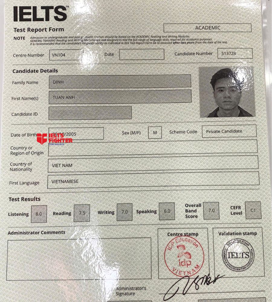 Chứng chỉ Đinh Tuấn Anh  7.0 IELTS