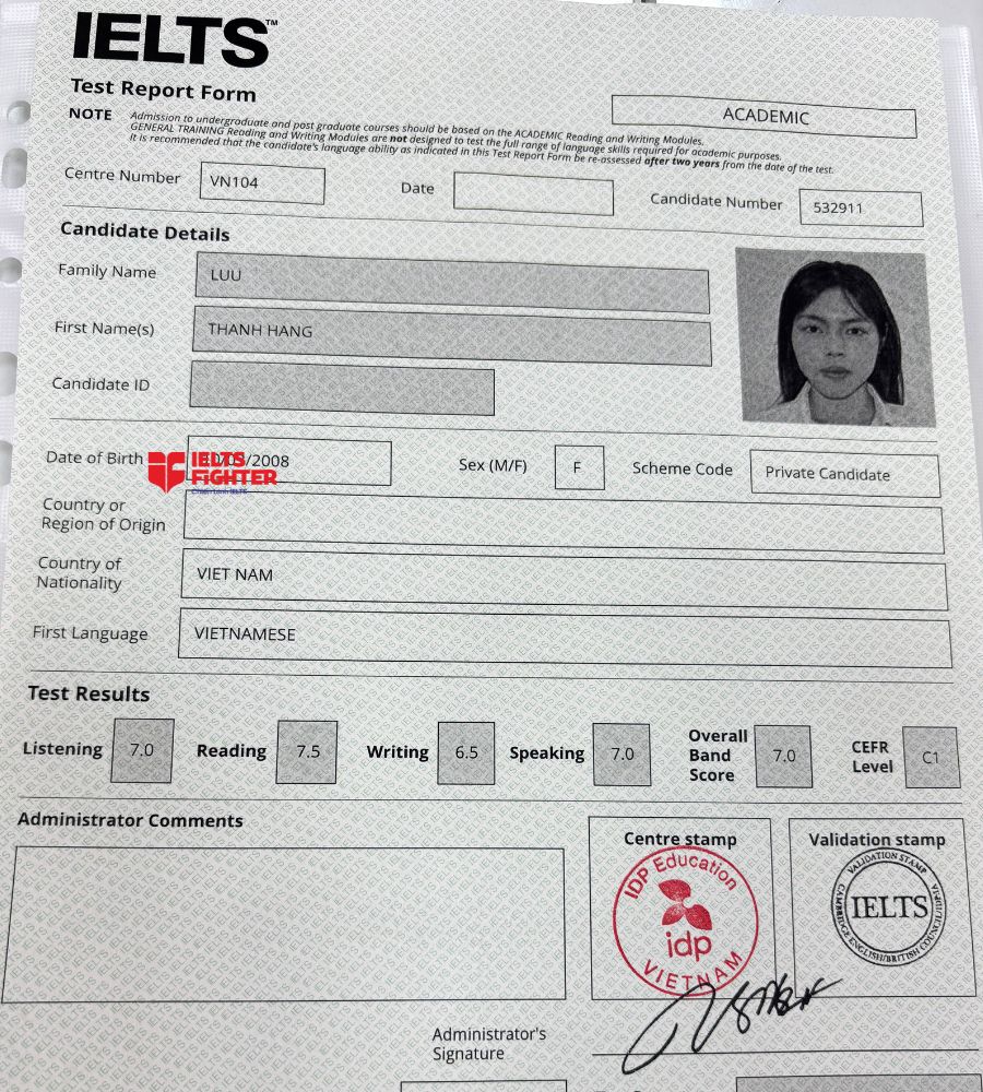 Chứng chỉ Lưu Thanh Hằng 7.0 IELTS