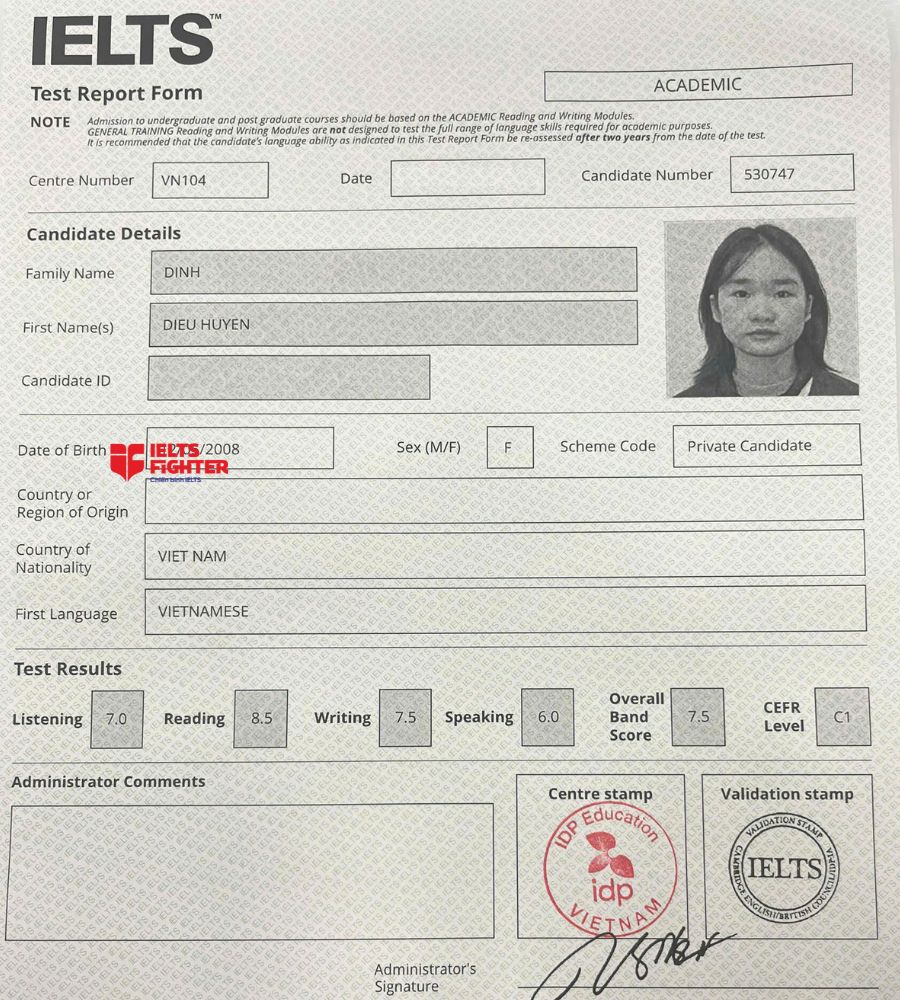 chứng chỉ Đinh Diệu Huyền 7.5 IELTS
