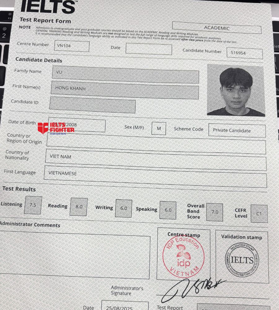 Chứng chỉ Vũ Hồng Khanh 7.0 IELTS