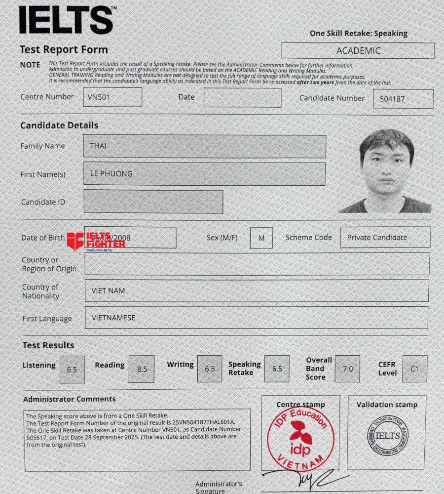 Chứng chỉ Thái Lê Phương 7.0 IELTS