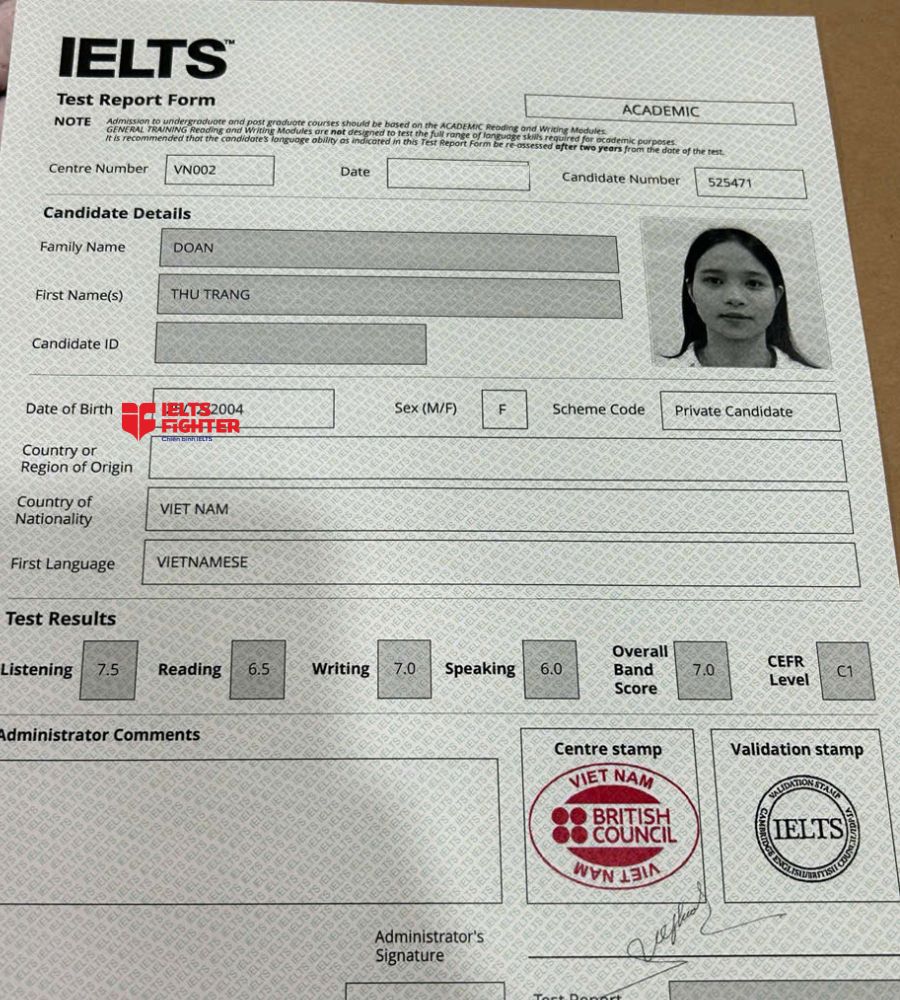 Chứng chỉ Đo&agrave;n Thu Trang 7.0 IELTS