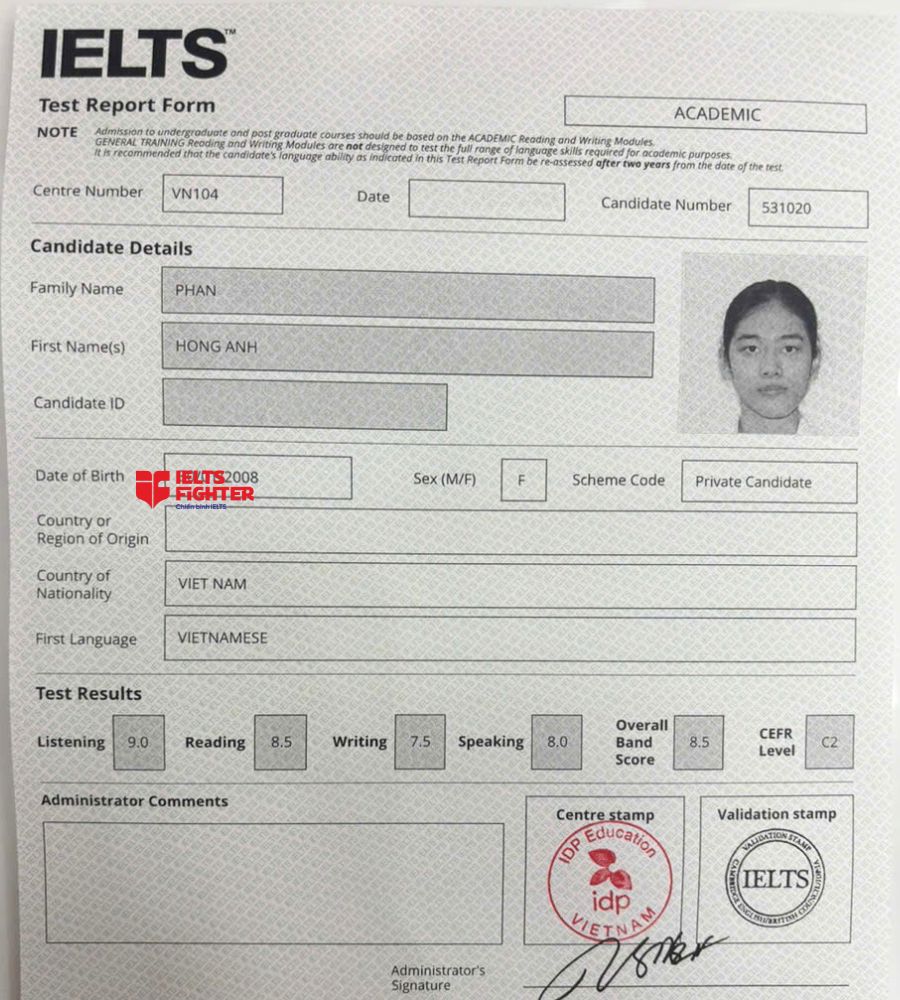 Chứng chỉ Phan Hồng &Aacute;nh 8.5 IELTS
