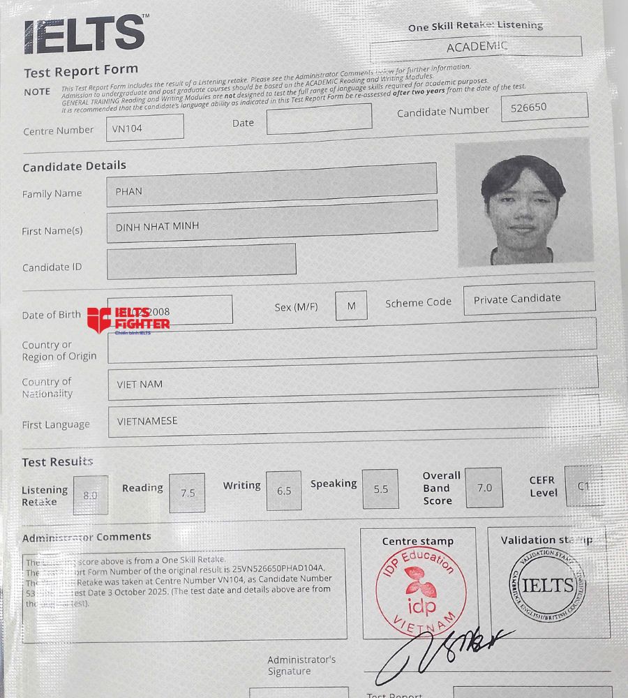 Chứng chỉ Phan Đ&igrave;nh Nhật Minh 7.0 IELTS