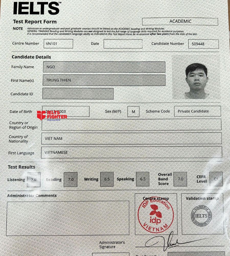 Chứng chỉ Ngô Trung Thiện 7.0 IELTS