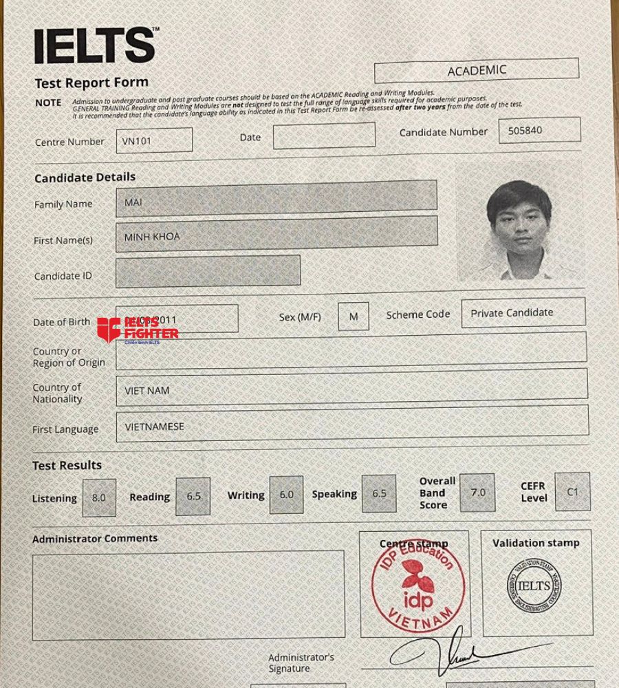 chứng chỉ Mai Minh Khoa 7.0 IELTS
