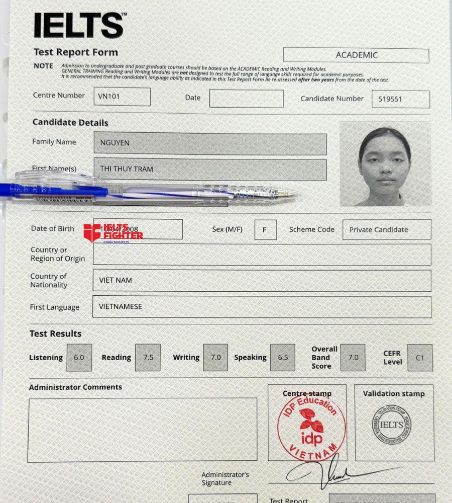 Chứng chỉ Nguyễn Thị Th&ugrave;y Tr&acirc;m 7.0 IELTS