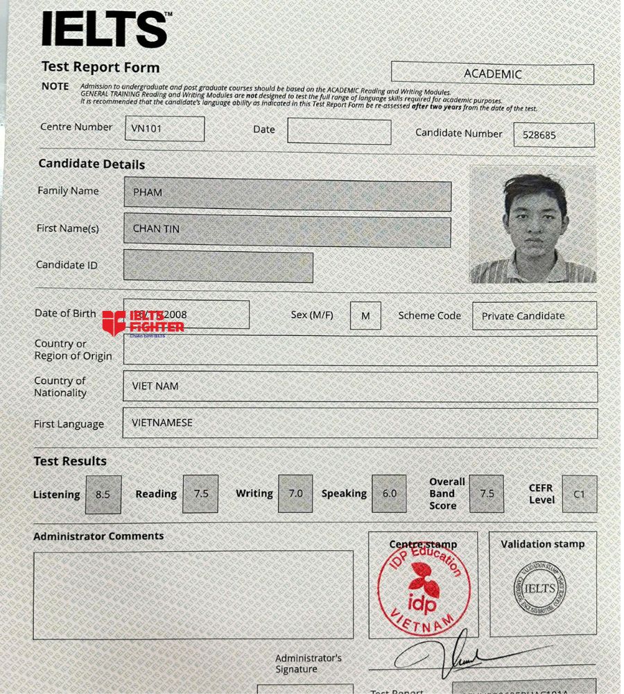 Chứng chỉ Phạm Ch&acirc;n T&iacute;n 7.5 IELTS
