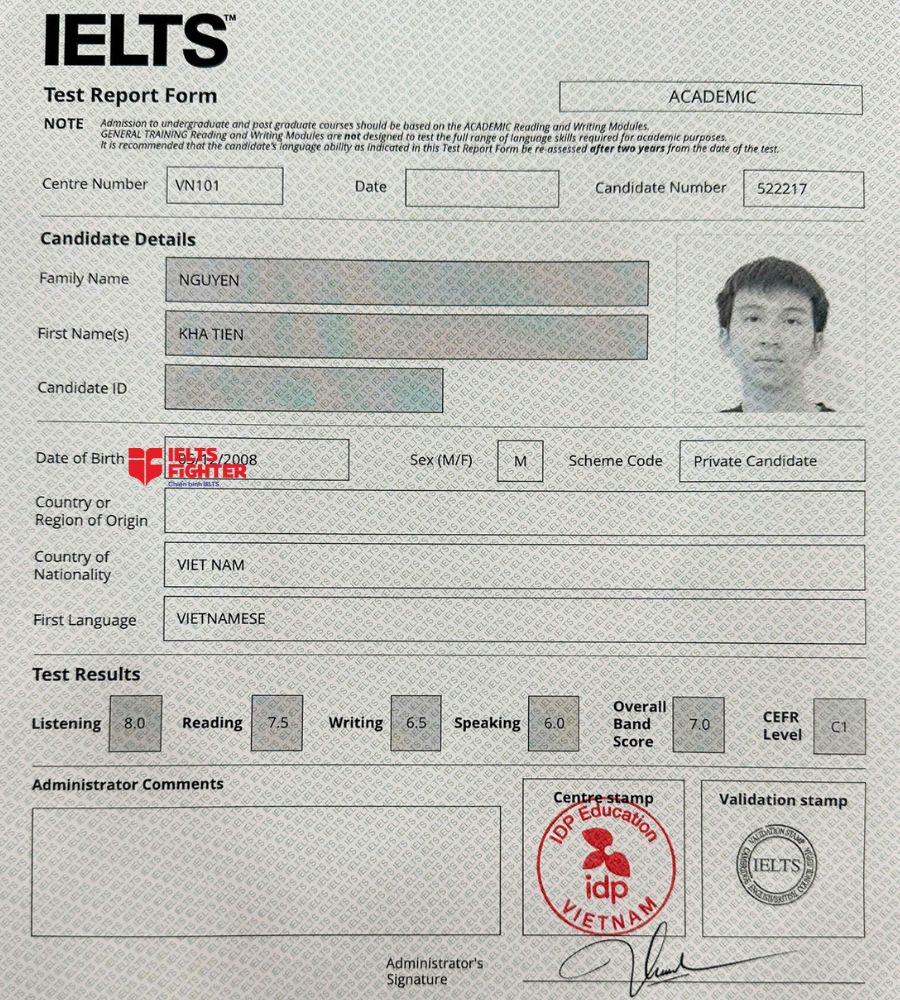 Chứng chỉ Nguyễn Khả Tiến 7.0 IELTS