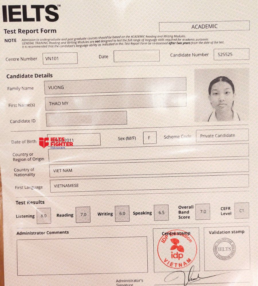 Chứng chỉ Vương Thảo My 7.0 IELTS