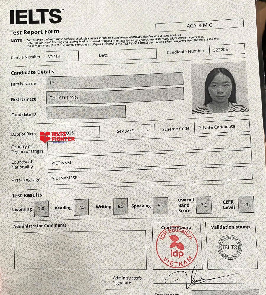Chứng chỉ L&yacute; Th&ugrave;y Dương  7.0 IELTS