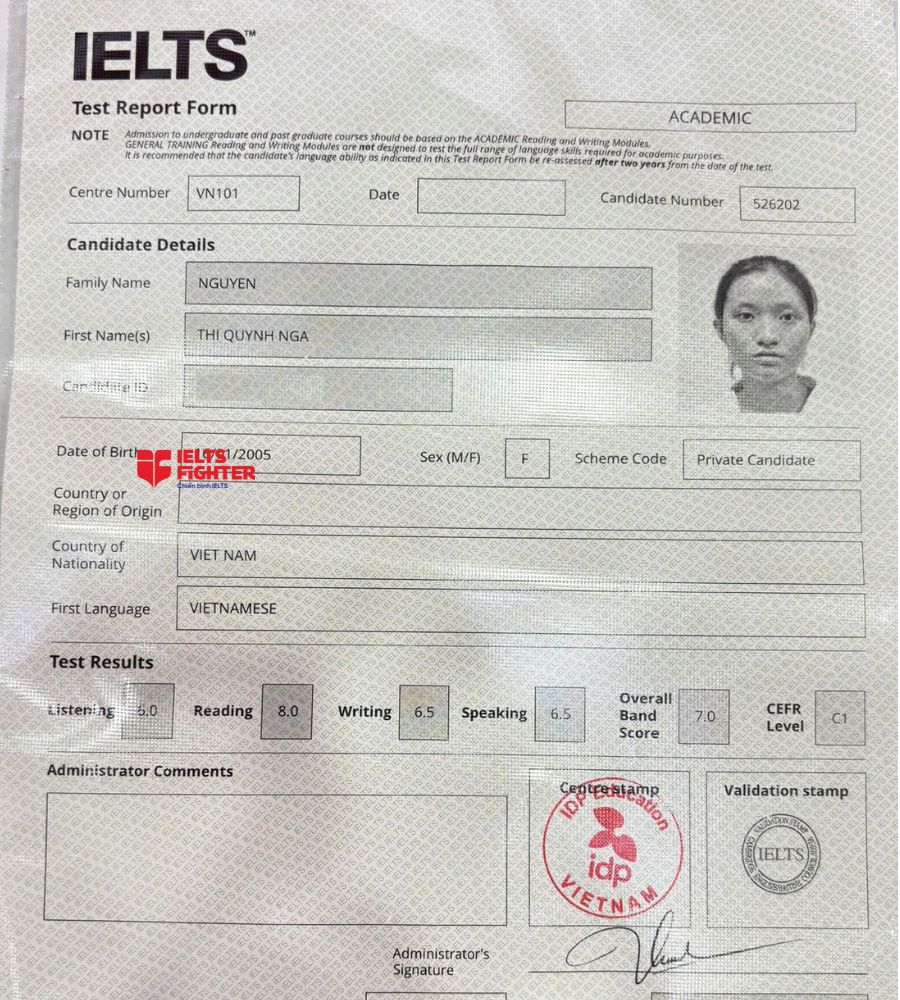 Chứng chỉ Nguyễn Thị Quỳnh Nga 7.0 IELTS