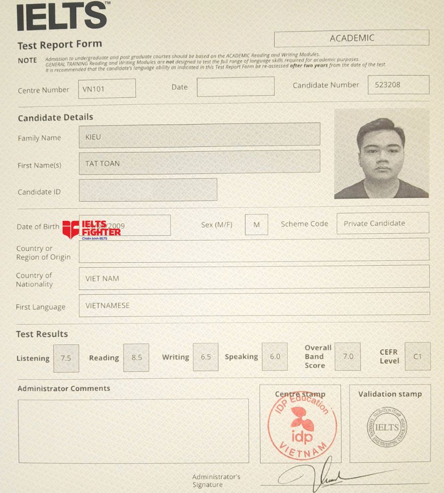 Chứng chỉ Kiều Tất To&agrave;n  7.0 IELTS