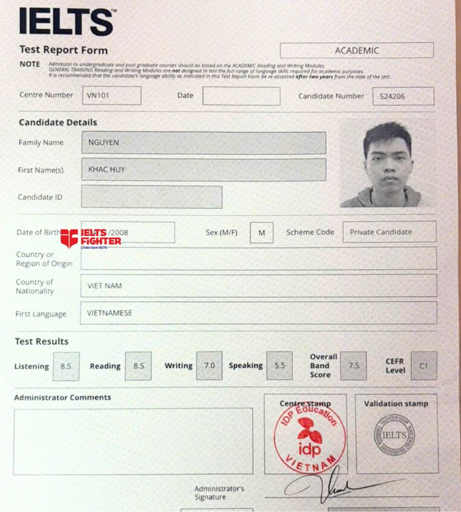 Chứng chỉ Nguyễn Khắc Huy  7.5 IELTS