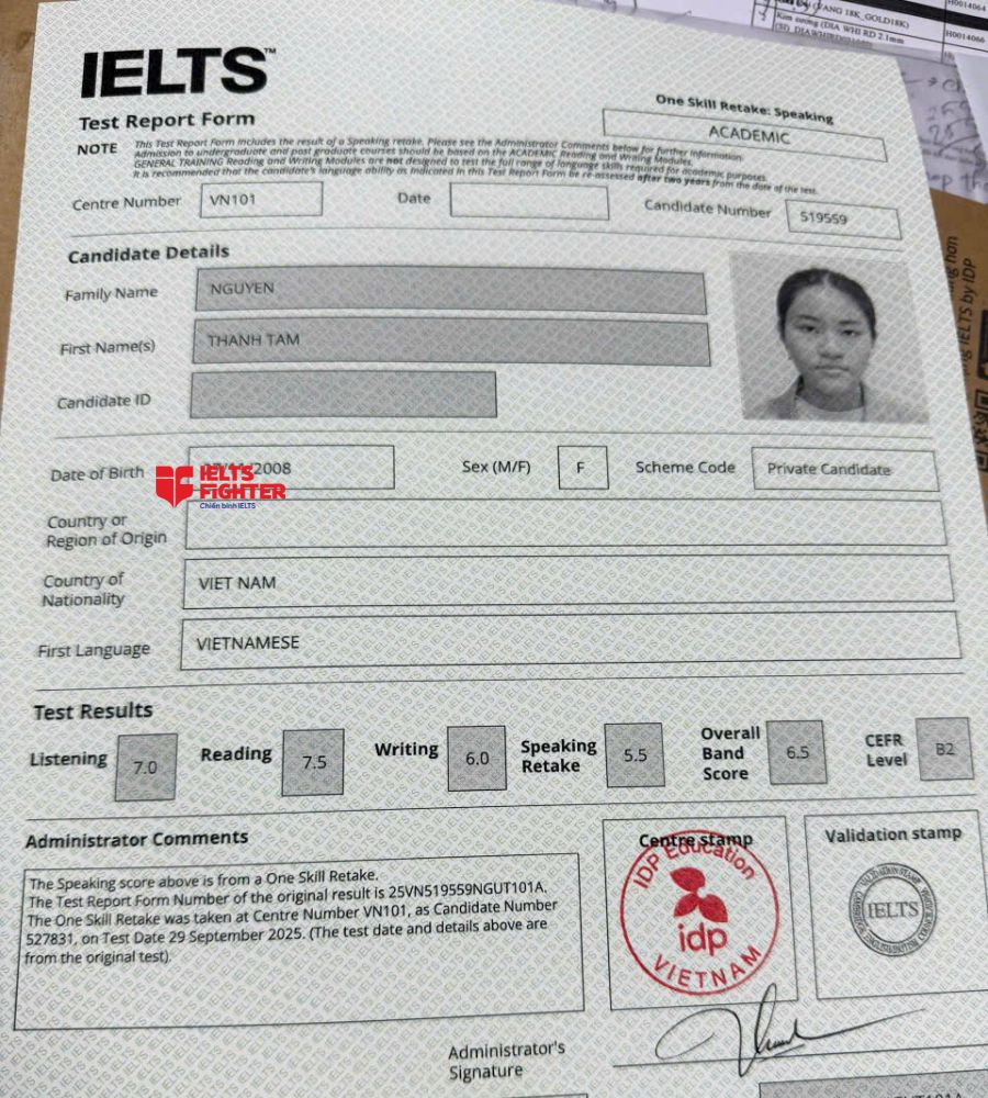 Chứng chỉ Nguyễn Thanh Tâm 6.5 IELTS