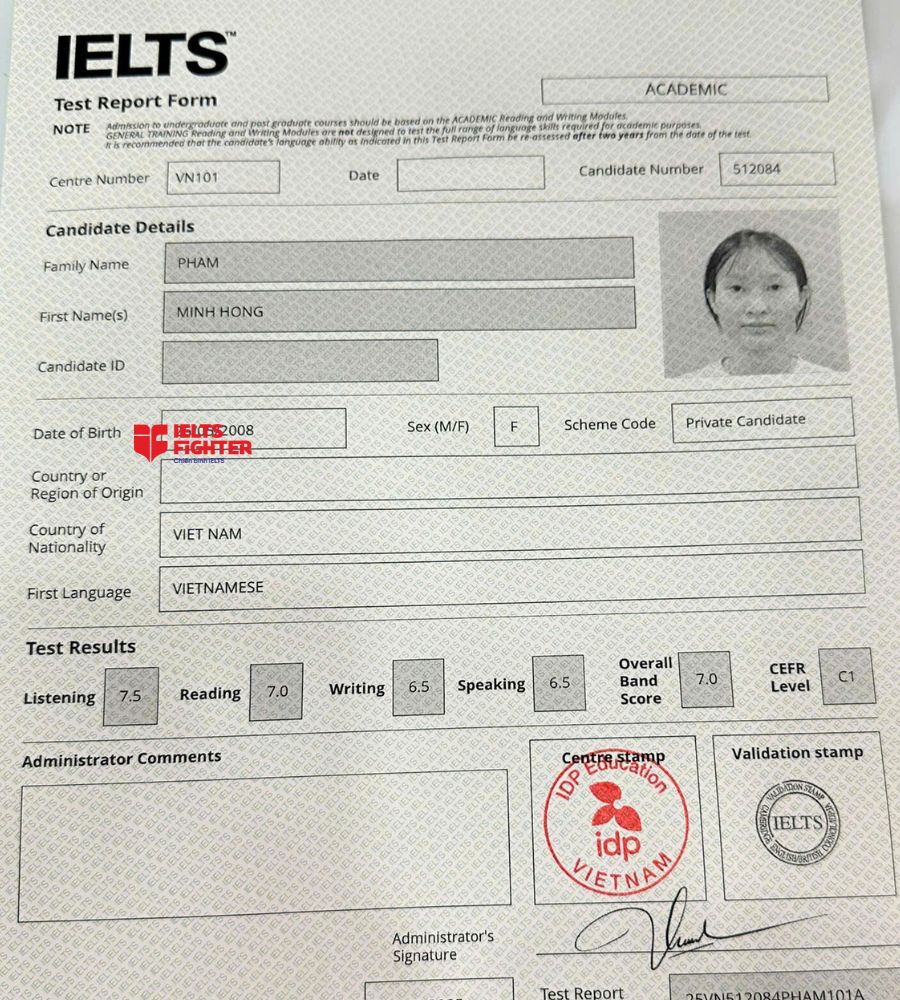 Chứng chỉ Phạm Minh Hồng 7.0 IELTS