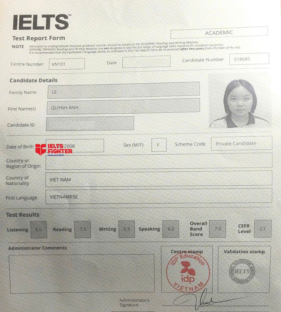 Chứng chỉ L&ecirc; Quỳnh Anh  7.0 IELTS
