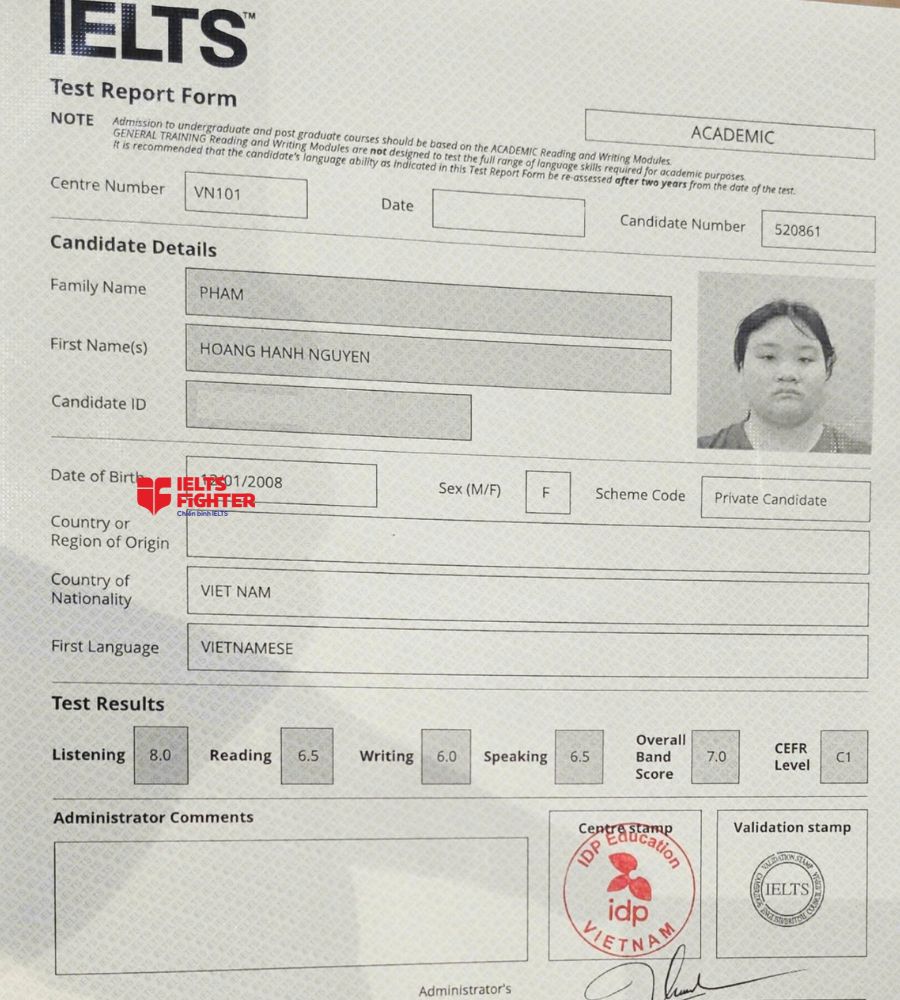 Chứng chỉ Phạm Ho&agrave;ng Hạnh Nguy&ecirc;n  7.0 IELTS