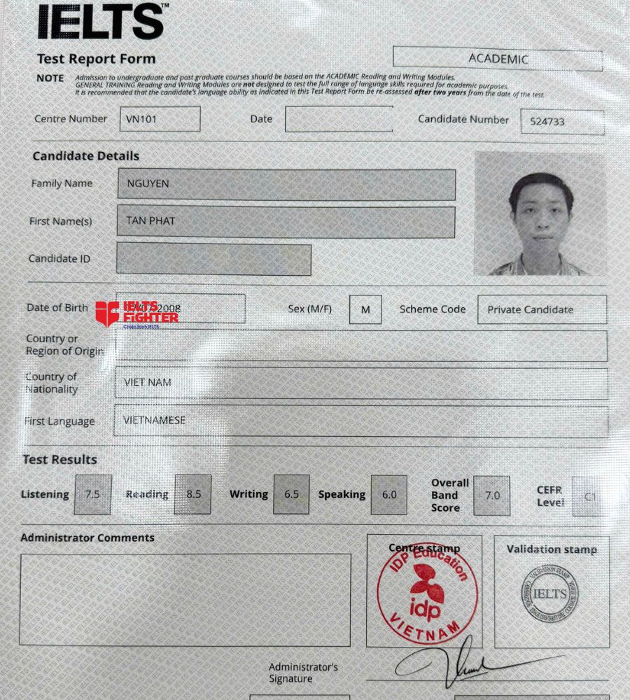 Chứng chỉ Nguyễn Tấn Ph&aacute;t  7.0 IELTS