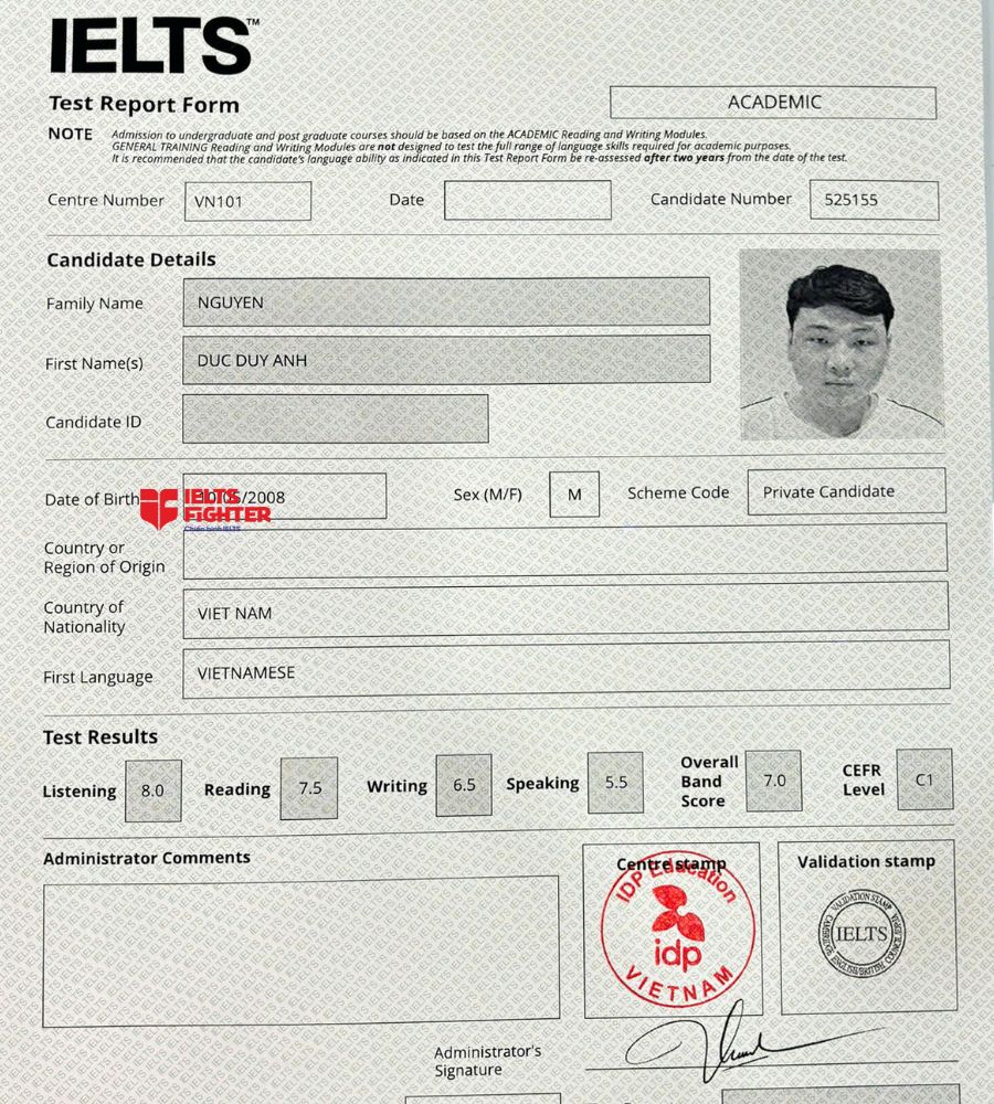Chứng chỉ Nguyễn Đức Duy Anh  7.0 IELTS
