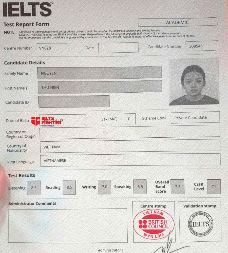 Chứng chỉ Nguyễn Thu Hiền 7.5 IELTS