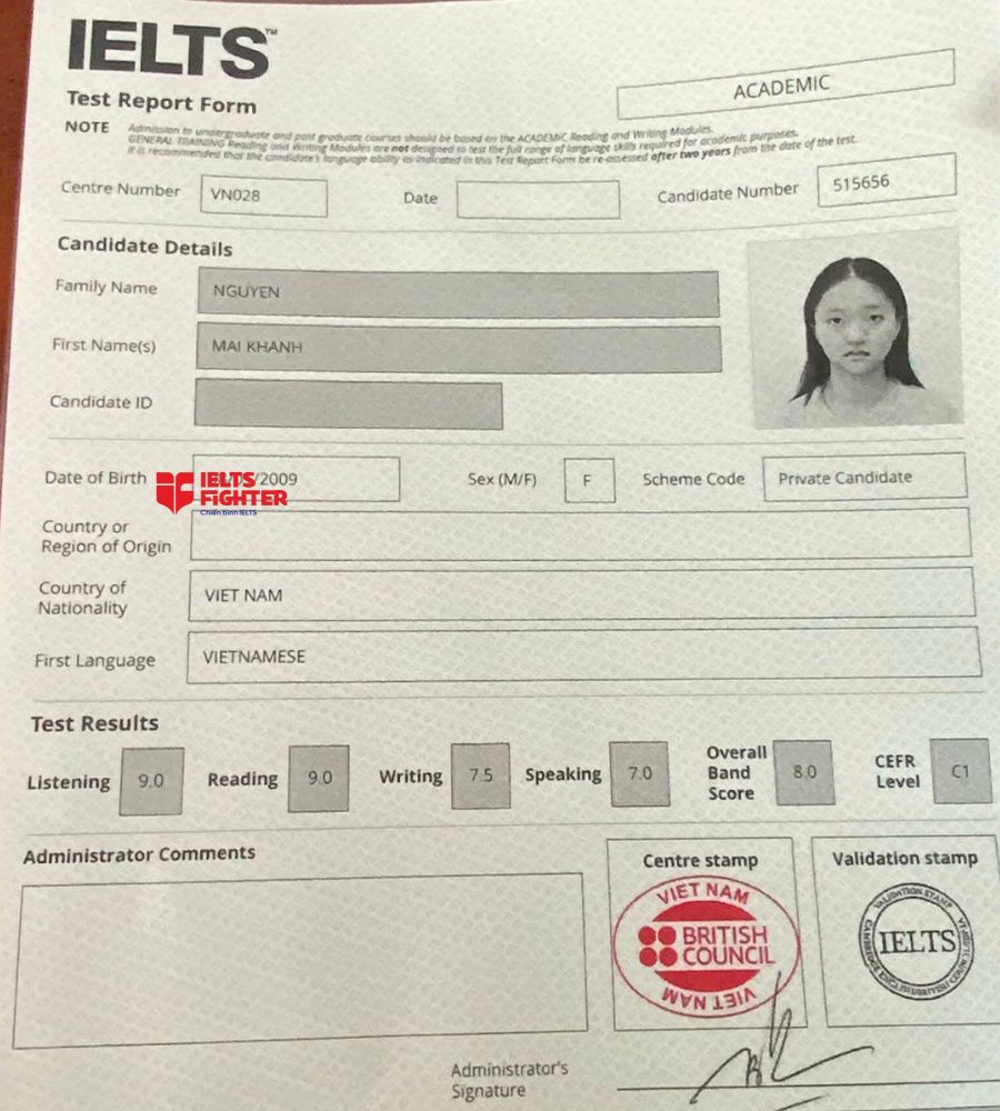 Chứng chỉ của Mai Khanh 8.0 IELTS