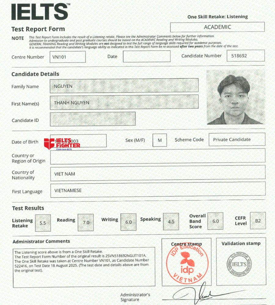 Chứng chỉ Nguyễn Thanh Nguy&ecirc;n 6.0 IELTS