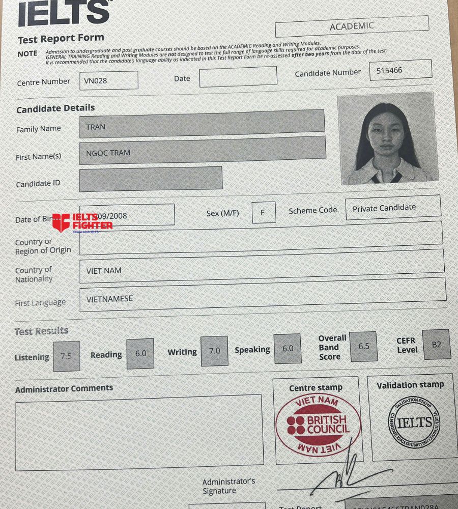 Chứng chỉ Trần Ngọc Tr&acirc;m  6.5 IELTS