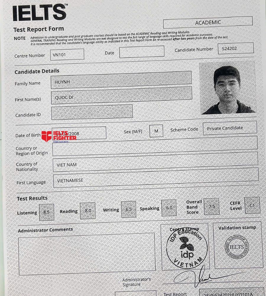 Chứng chỉ Huỳnh Quốc Di  7.5 IELTS