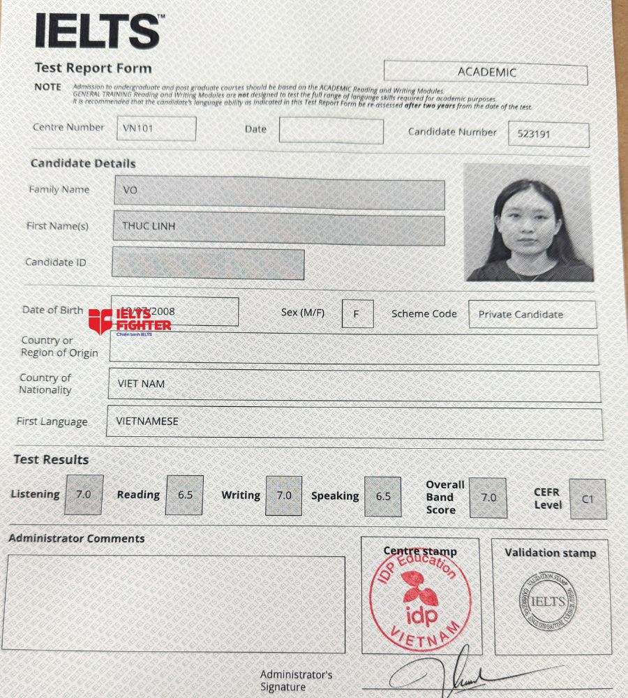 Chứng chỉ V&otilde; Thục Linh 7.0 IELTS
