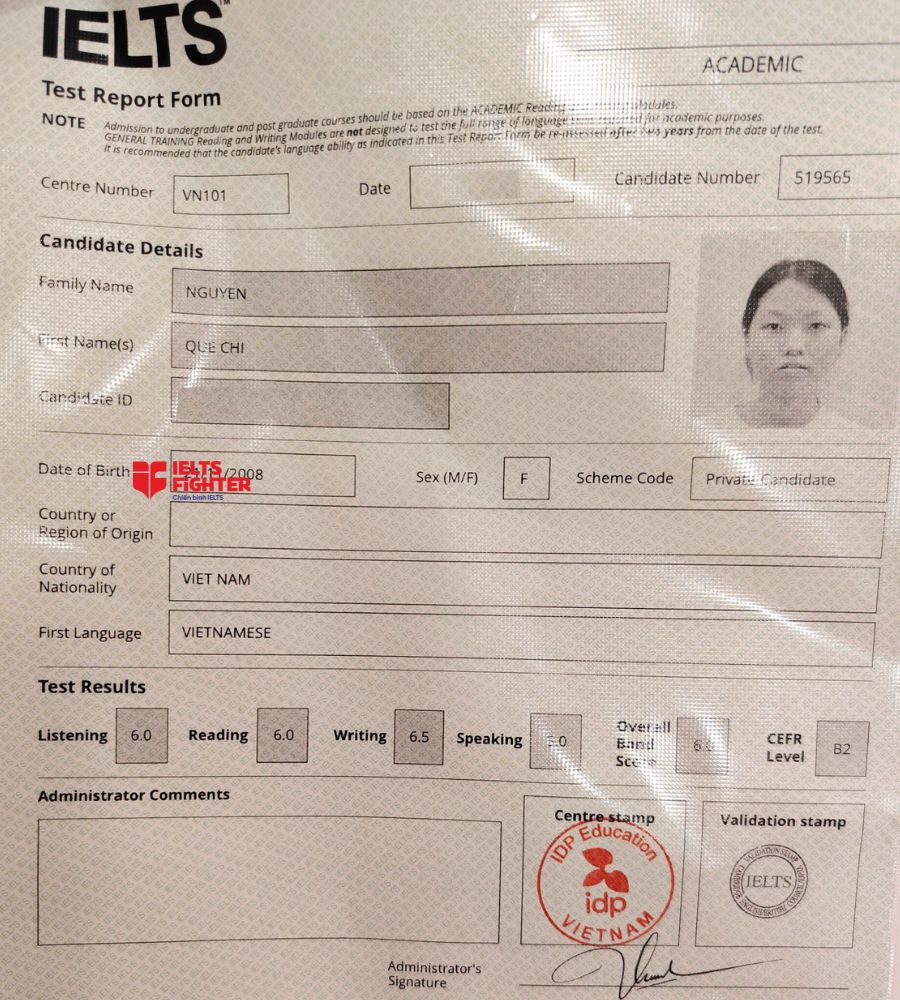 Chứng chỉ Nguyễn Quế Chi  6.0 IELTS