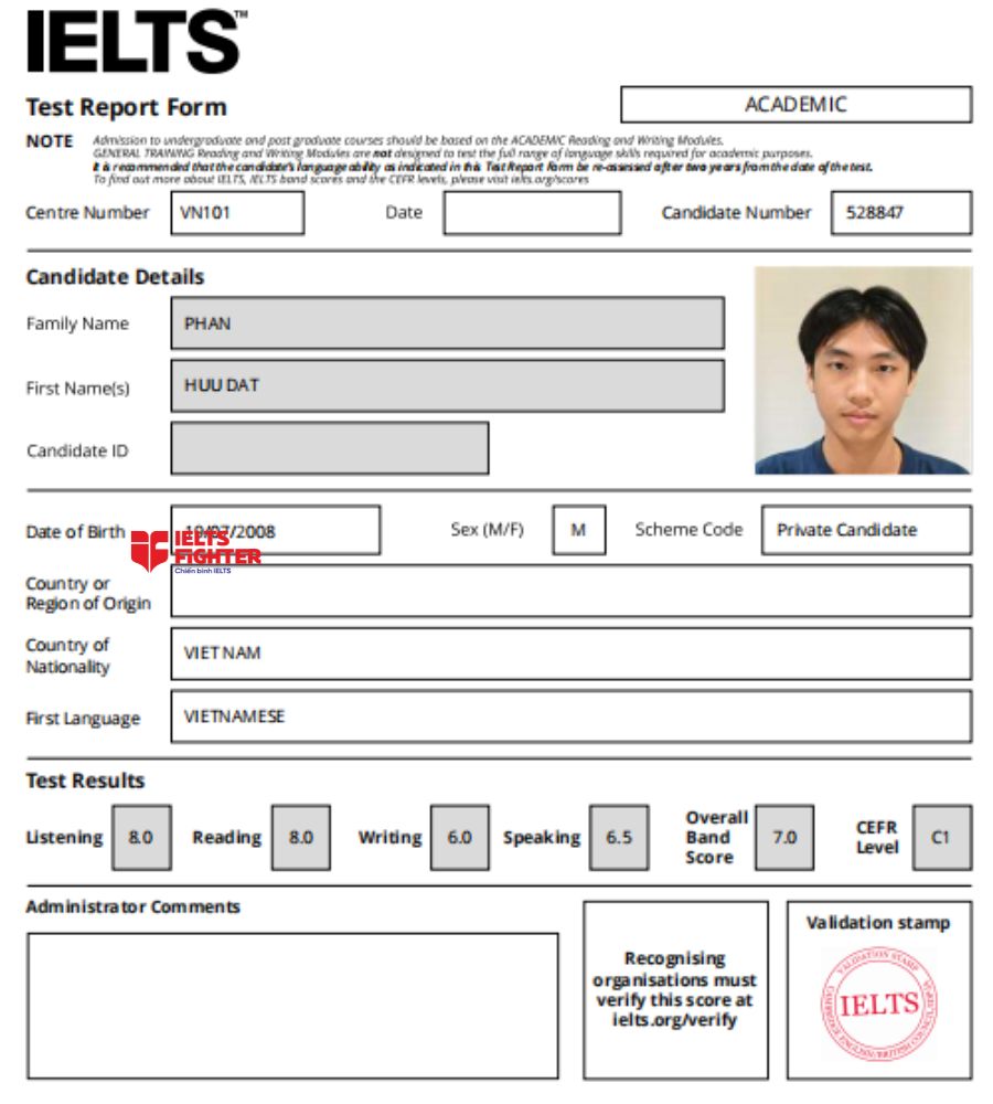 Chứng chỉ Phan Hữu Đạt 7.0 IELTS
