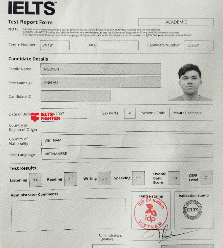 Chứng chỉ Nguyễn Anh Vũ 7.0 IELTS
