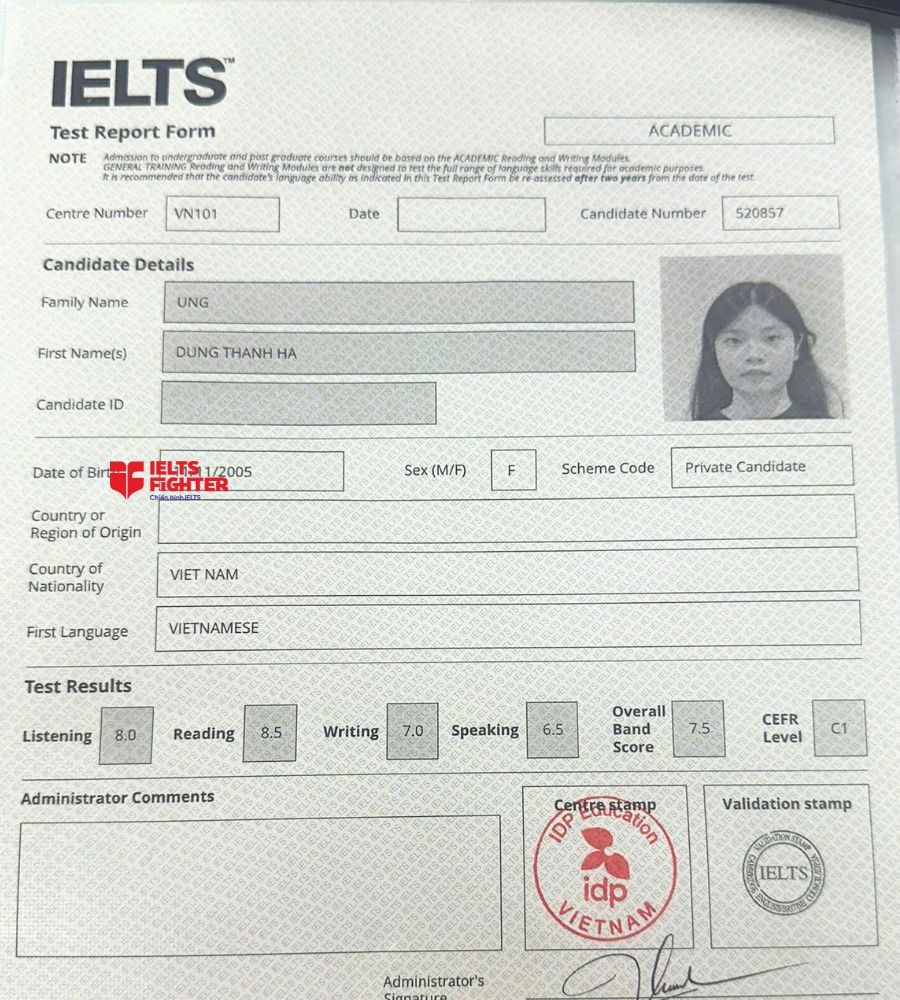 Chứng chỉ Ung Dung Thanh Hạ 7.5 IELTS
