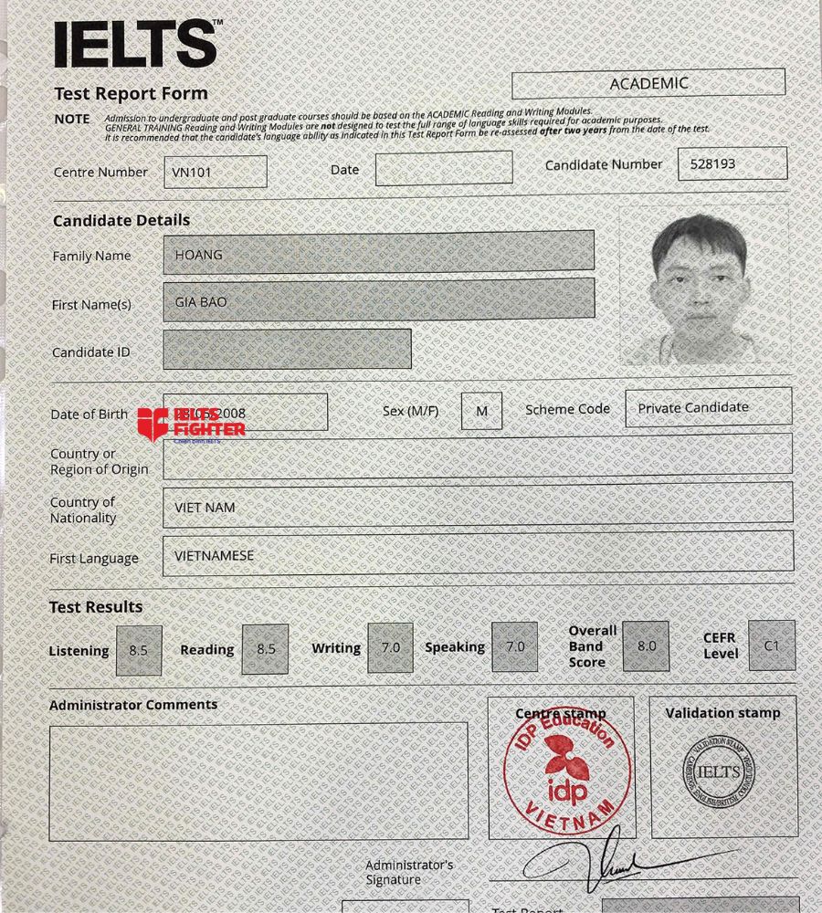 Chứng chỉ Ho&agrave;ng Gia Bảo 8.0 IELTS
