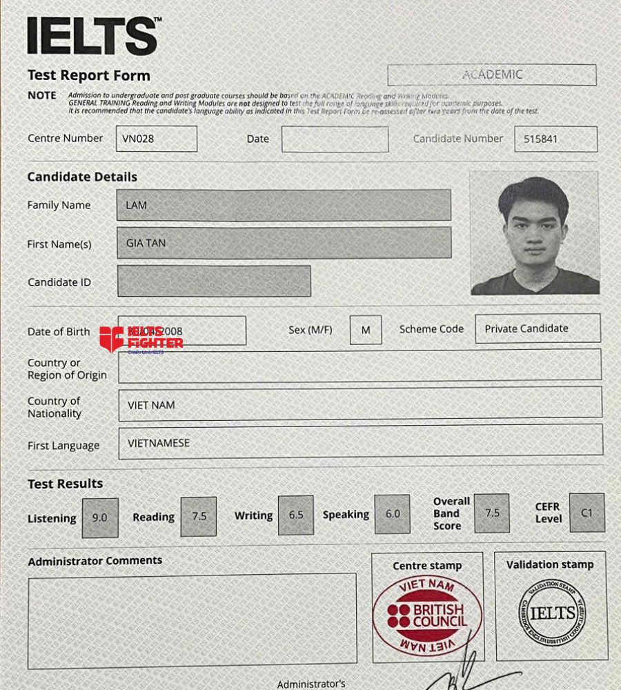 Chứng chỉ L&acirc;m Gia T&acirc;n 7.5 IELTS