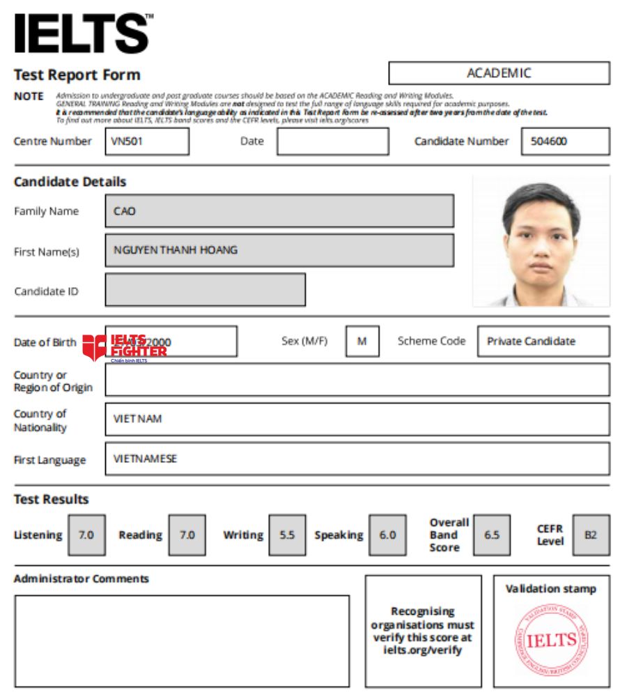 Chứng chỉ Cao Nguyễn Thanh Hoàng 6.5 IELTS