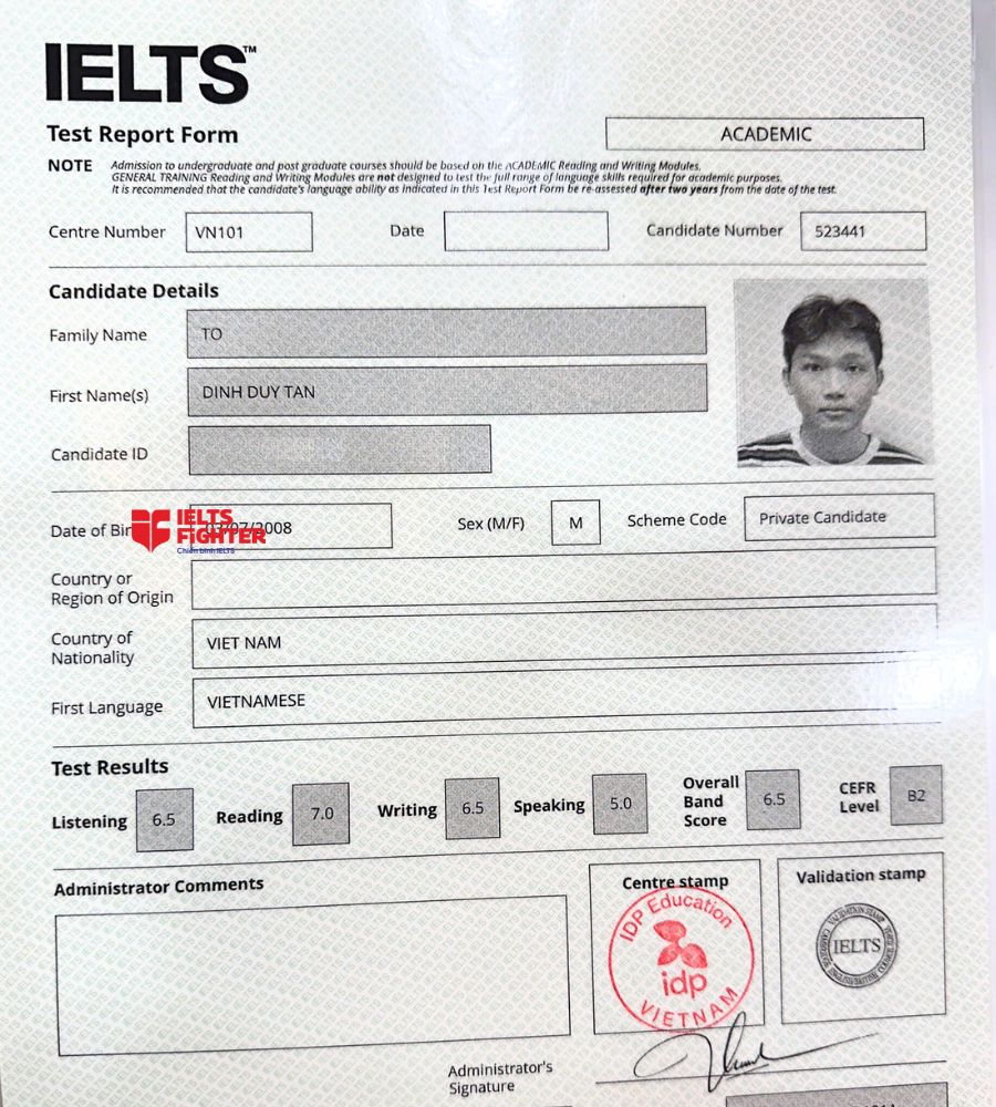 Chứng chỉ Tô Đình Duy Tân 6.5 IELTS