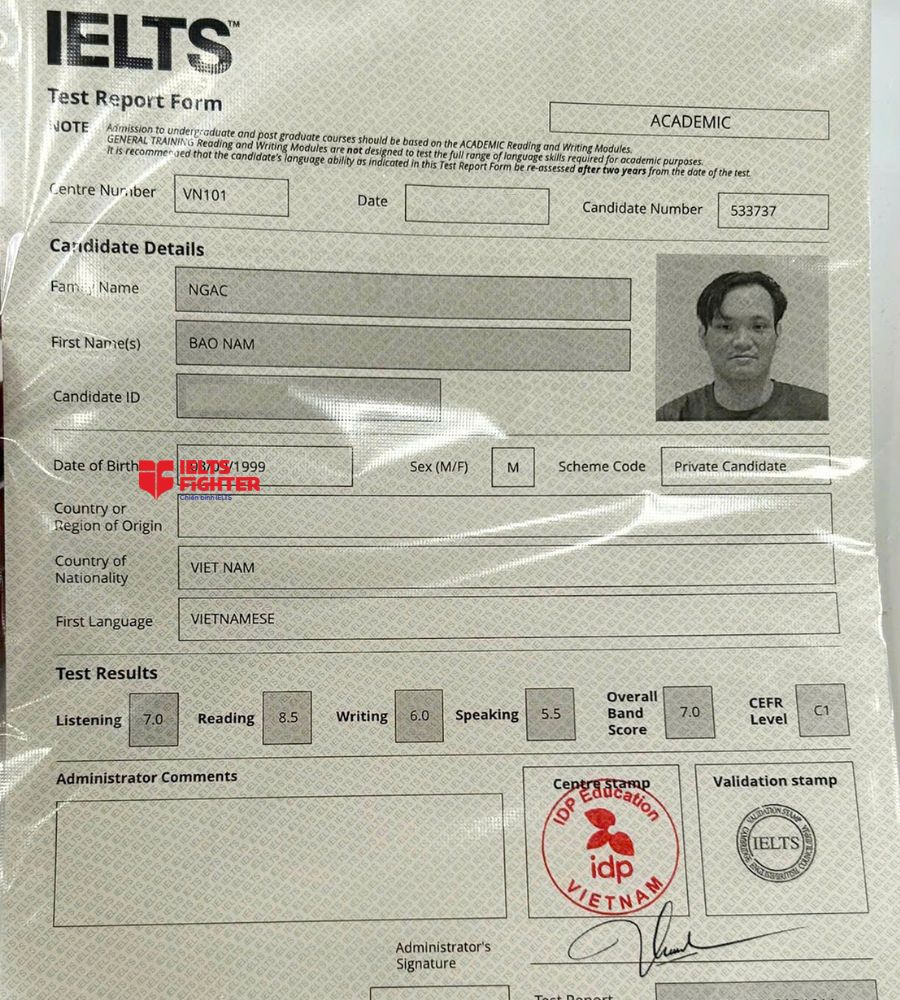 Chứng chỉ Ngạc Bảo Nam 7.0 IELTS