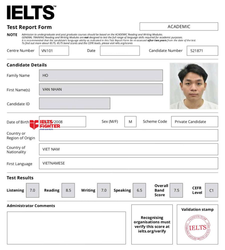 Chứng chỉ Hồ Văn Nh&acirc;n 7.5 IELTS