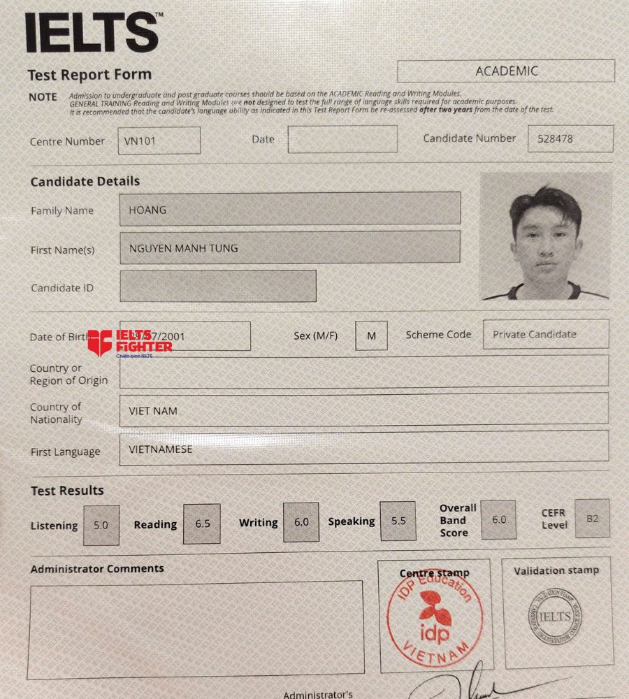 Chứng chỉ Hoàng Nguyễn Mạnh Tùng 6.0 IELTS