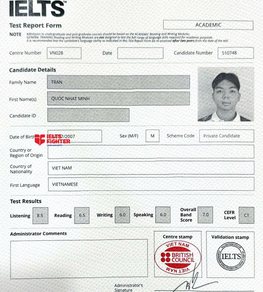 Chứng chỉ Trần Quốc Nhật Minh  7.0 IELTS