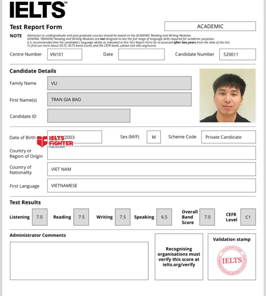 Chứng chỉ Vũ Trần Gia Bảo 7.0 IELTS